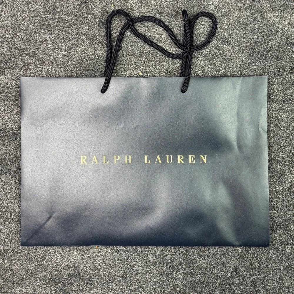 Ralph Lauren Navy Blue Large Paper Shopping Bag Gold Logo Rope Handles 16x11x4